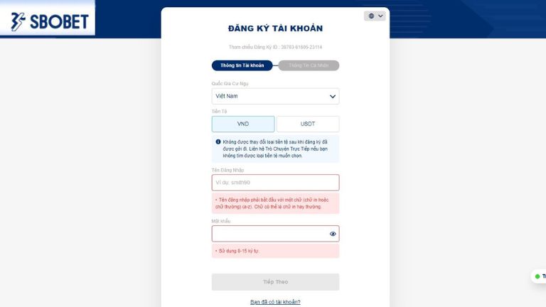 Truy cập link vào Sbobet và đăng ký/đăng nhập tài khoản